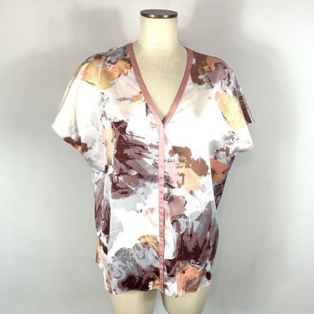 H by Halston Womens Printed V-neck Dolman Sleeve Woven Top Pink Small